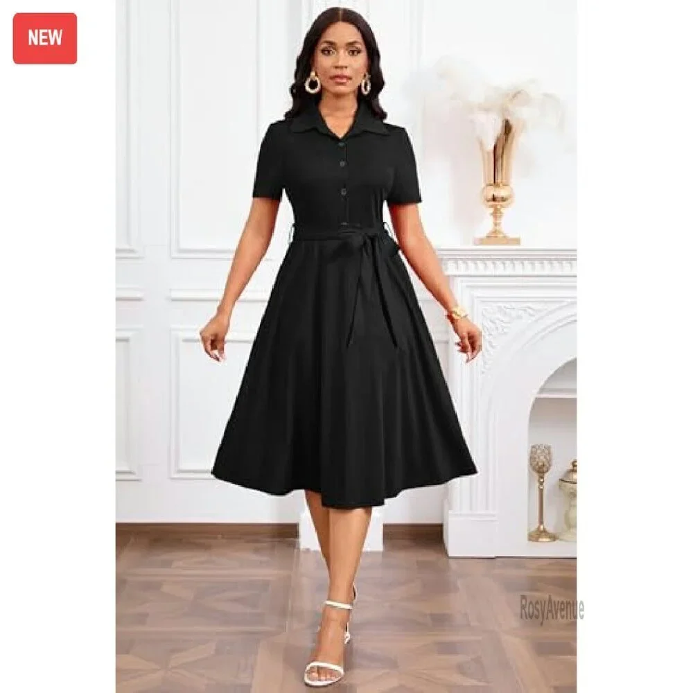 Midi V-Neck Button Dress with Pockets and Belt - Lightweight Polyester